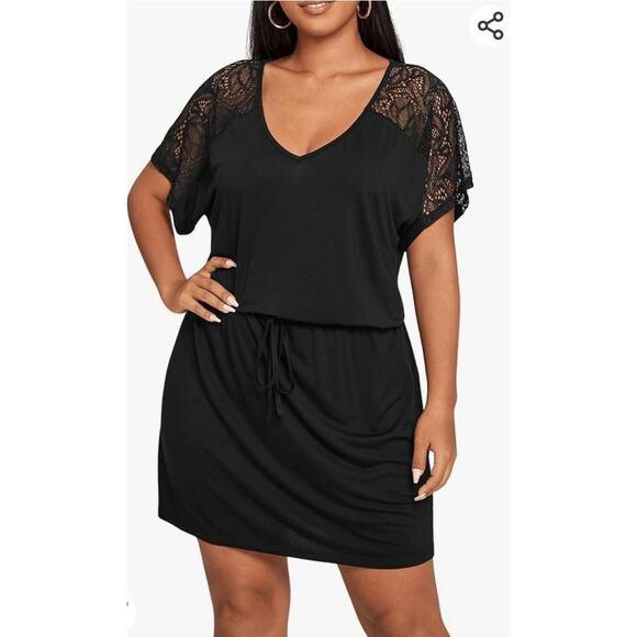 Soly Hux Black Lace V Neck Tie Waist Short Sleeve Dress Size XXL NWT - Picture 1 of 8